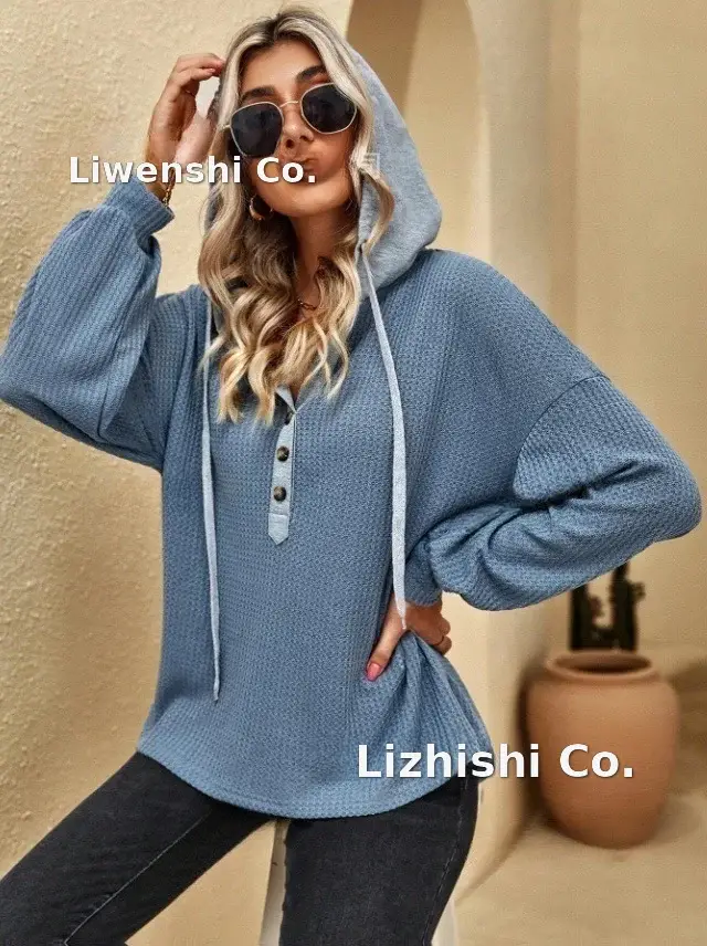 Women's Pink Hooded Sweatshirt Long Sleeve Button Down — feature 10