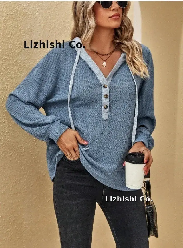 Women's Pink Hooded Sweatshirt Long Sleeve Button Down — feature 12