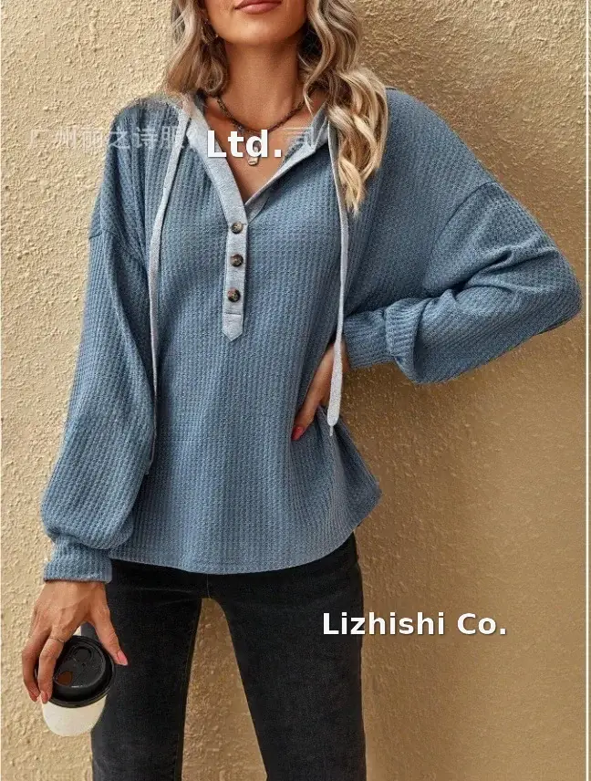 Women's Pink Hooded Sweatshirt Long Sleeve Button Down — feature 13