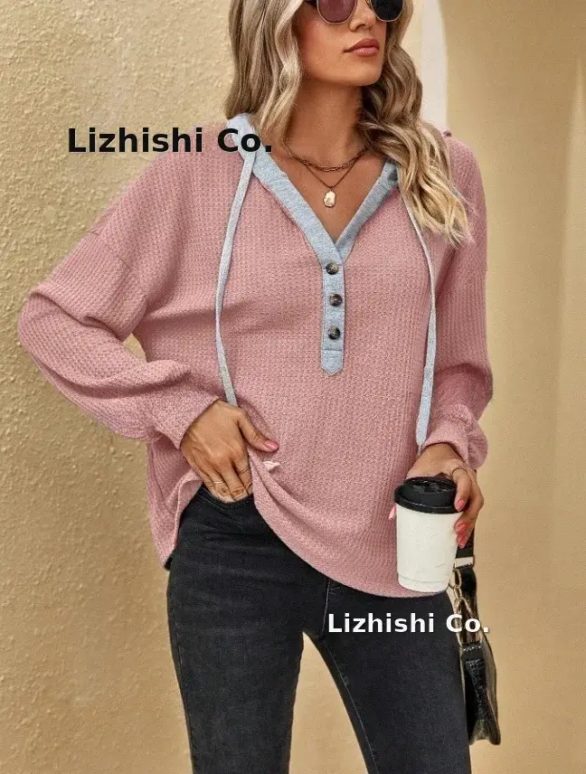 Women's Pink Hooded Sweatshirt Long Sleeve Button Down — feature 3