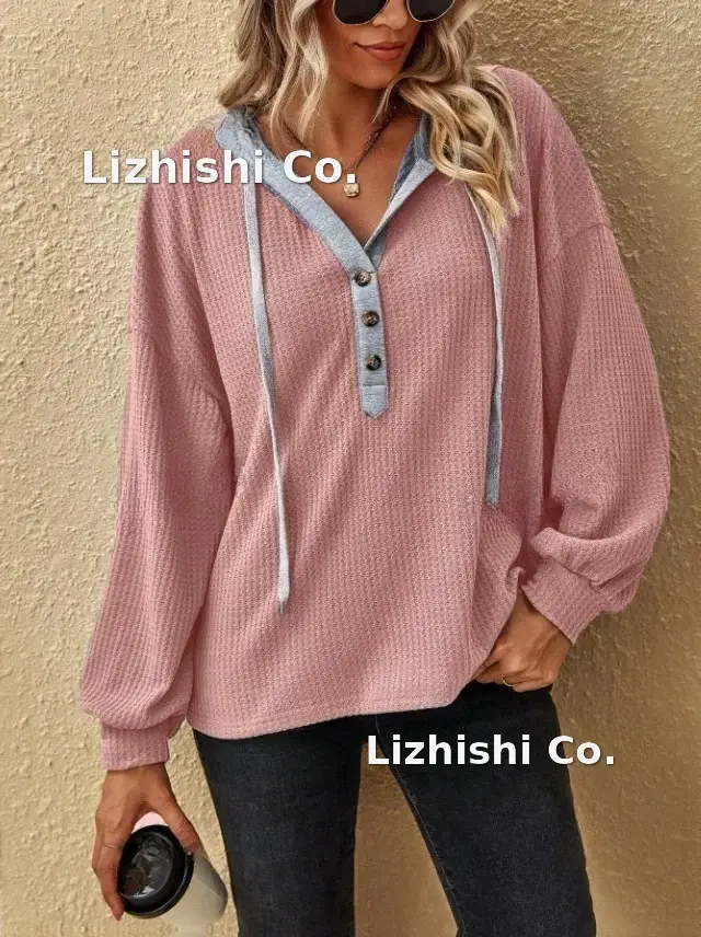 Women's Pink Hooded Sweatshirt Long Sleeve Button Down — feature 4
