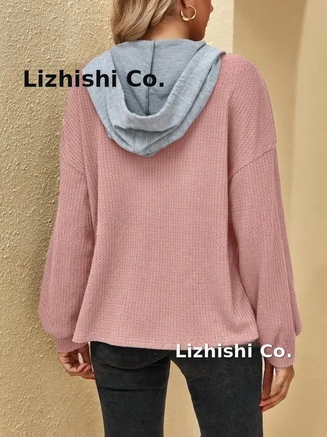 Women's Pink Hooded Sweatshirt Long Sleeve Button Down — feature 5