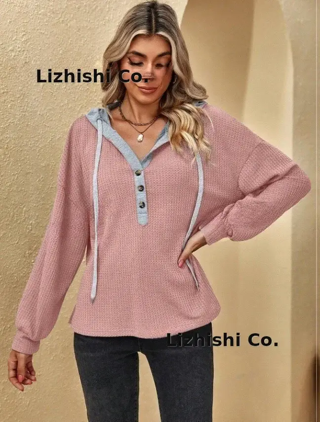 Women's Pink Hooded Sweatshirt Long Sleeve Button Down — feature 6