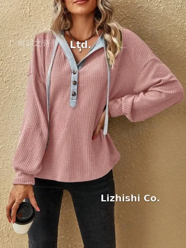 Women's Pink Hooded Sweatshirt Long Sleeve Button Down — feature 7