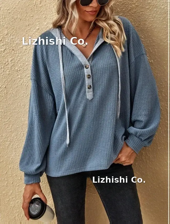 Women's Pink Hooded Sweatshirt Long Sleeve Button Down — feature 8
