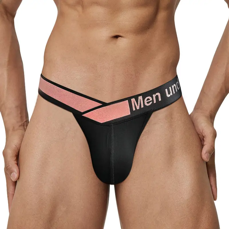 Men's High Split Laser Belt Low Waist Hip U Convex Sports Panties Black