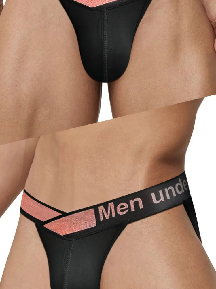 Men's High Split Laser Belt Low Waist Hip U Convex Sports Panties Black — feature 31