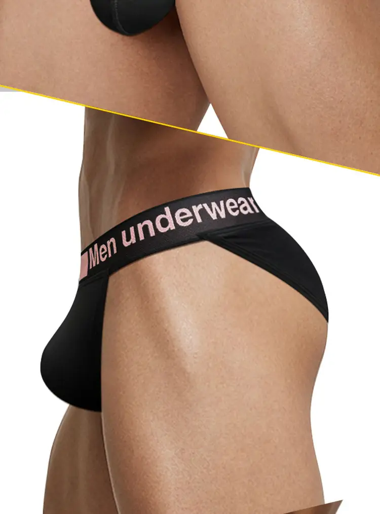 Men's High Split Laser Belt Low Waist Hip U Convex Sports Panties Black — feature 32