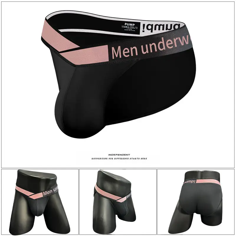 Men's High Split Laser Belt Low Waist Hip U Convex Sports Panties Black