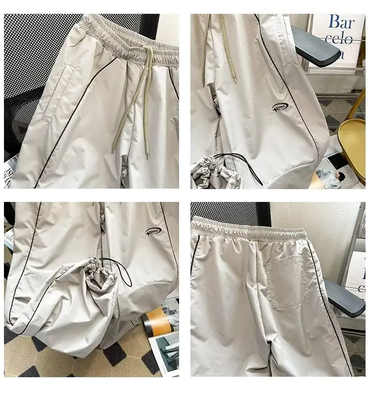 Men Grey Paratrooper Cargo Pants Loose Straight Leg Drawstring — feature 6