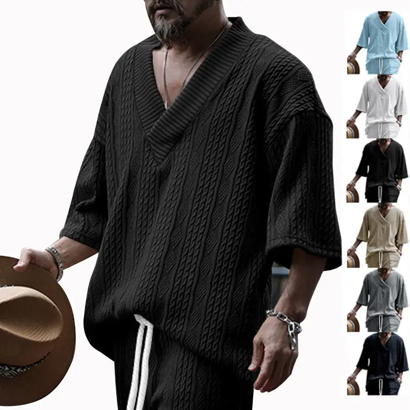 2025 Men Knitted V-Neck T-Shirt Large - Image 7