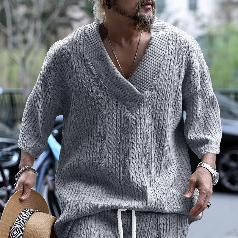 2025 Men Knitted V-Neck T-Shirt Large - Image 8