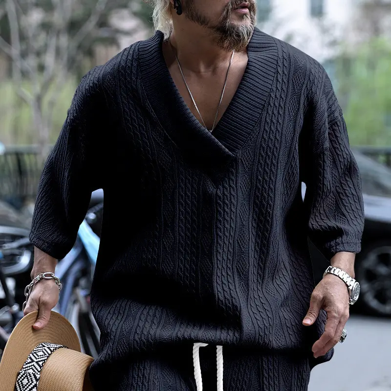 2025 Men Knitted V-Neck T-Shirt Large - Image 9