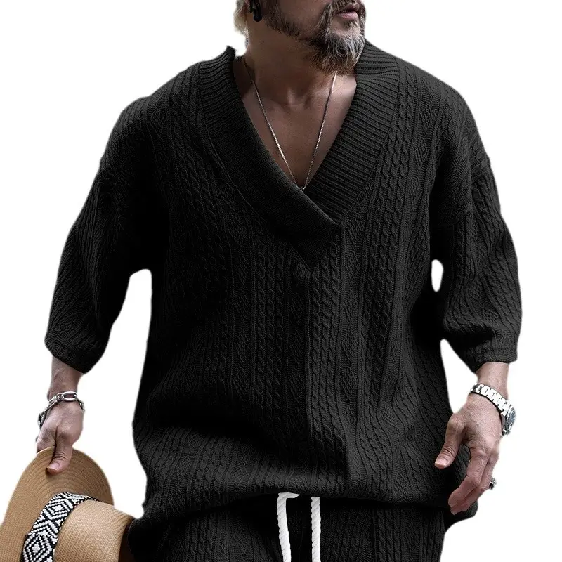 2025 Men Knitted V-Neck T-Shirt Large - Image 10