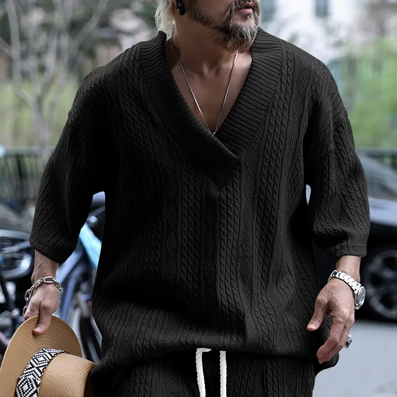 2025 Men Knitted V-Neck T-Shirt Large - Image 2