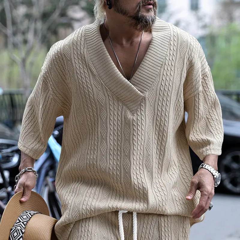 2025 Men Knitted V-Neck T-Shirt Large - Image 3