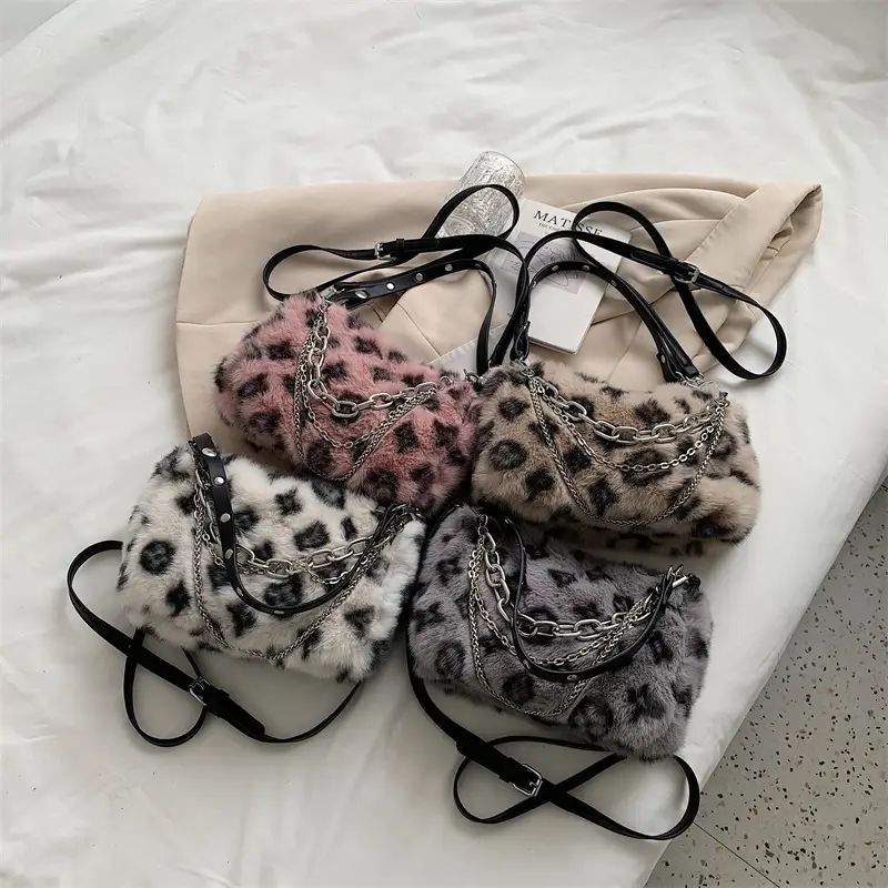 Pink Leopard Print Plush Chain Bag for Women - Image 8