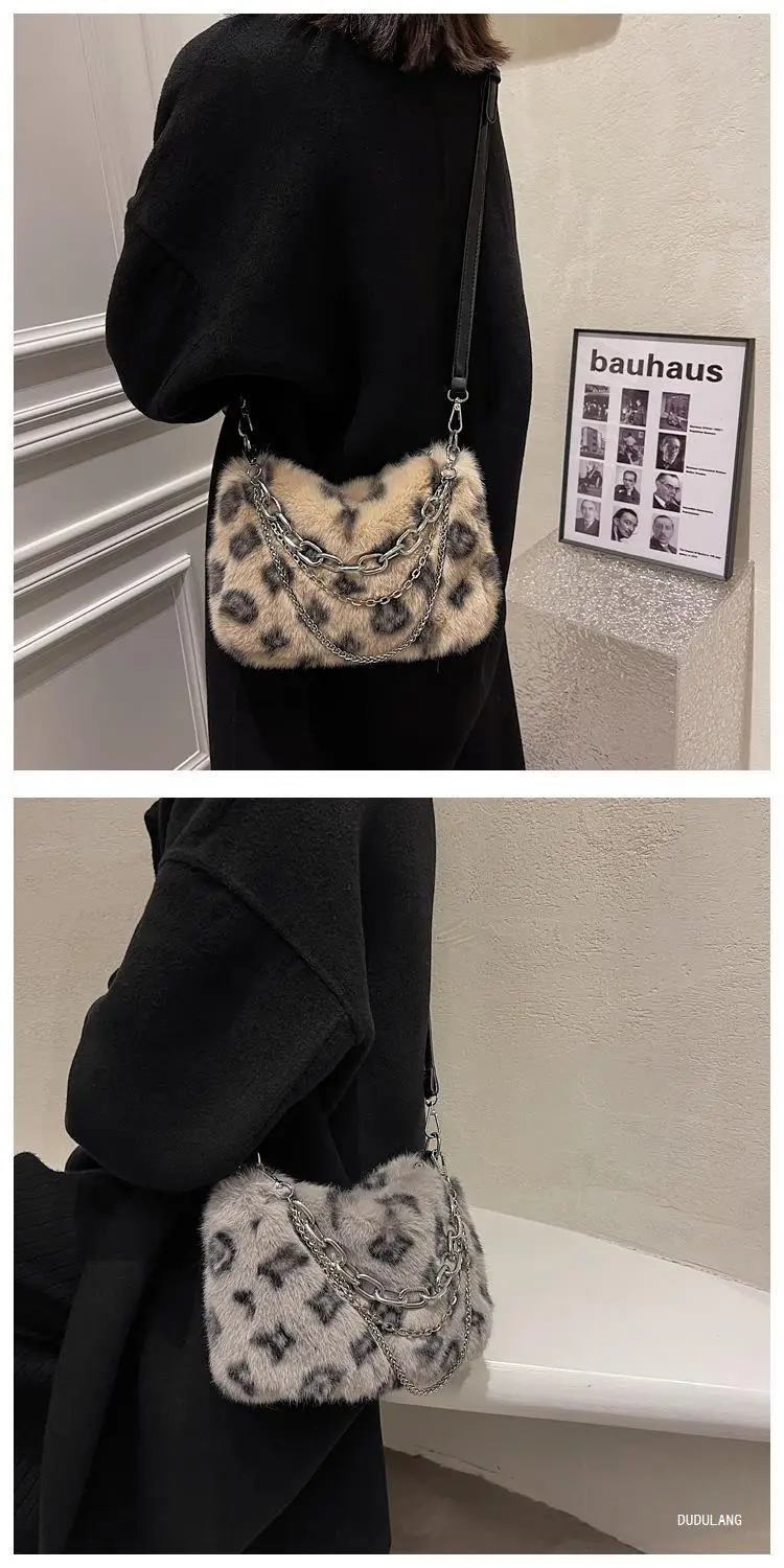 Pink Leopard Print Plush Chain Bag for Women — feature 11