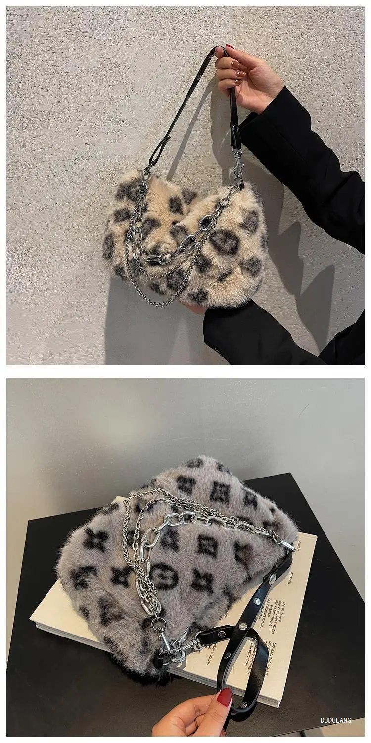 Pink Leopard Print Plush Chain Bag for Women — feature 16