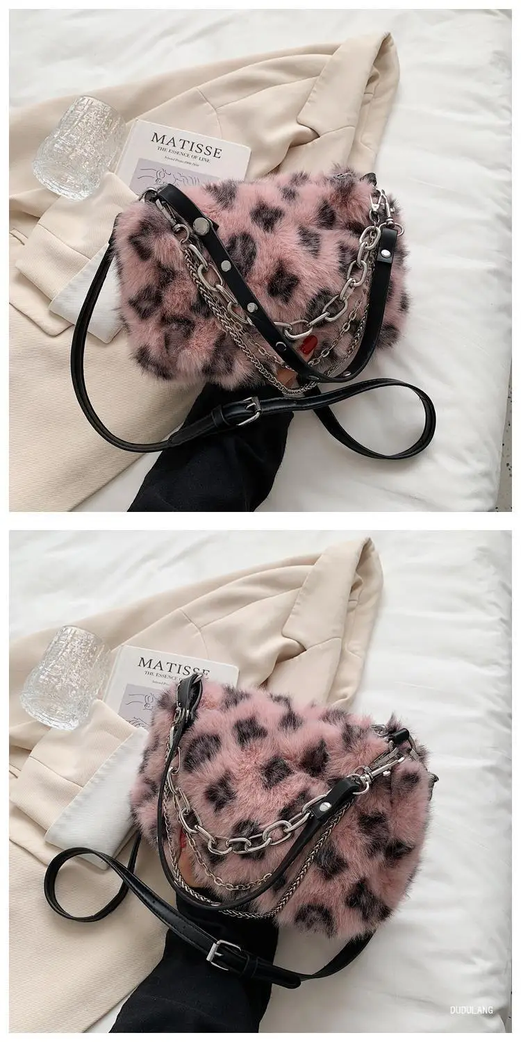 Pink Leopard Print Plush Chain Bag for Women — feature 33