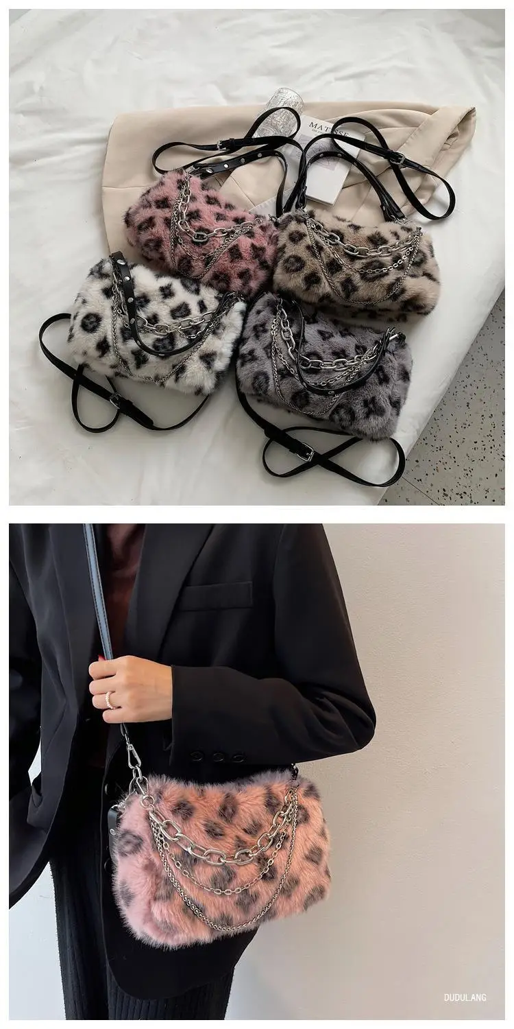 Pink Leopard Print Plush Chain Bag for Women — feature 5