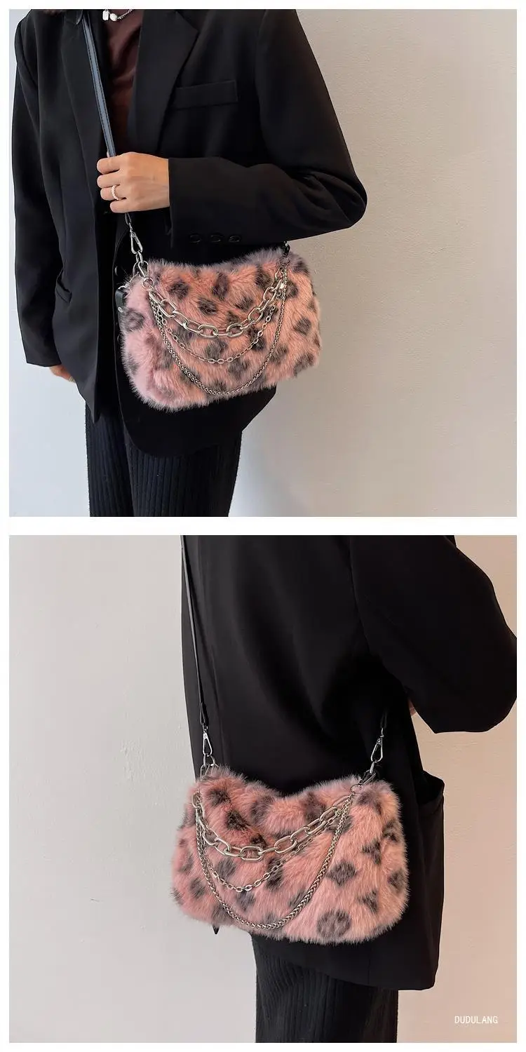 Pink Leopard Print Plush Chain Bag for Women — feature 6