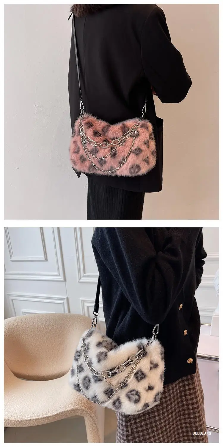 Pink Leopard Print Plush Chain Bag for Women — feature 7