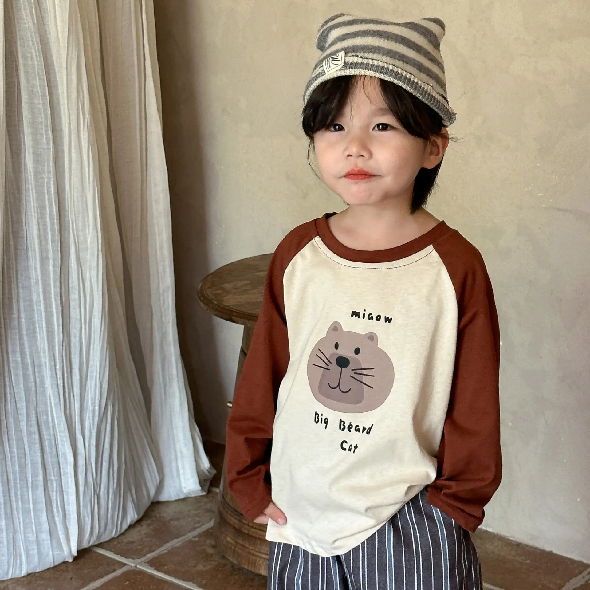 Children Long Sleeve T-Shirt Cartoon Mouse Brown Cream