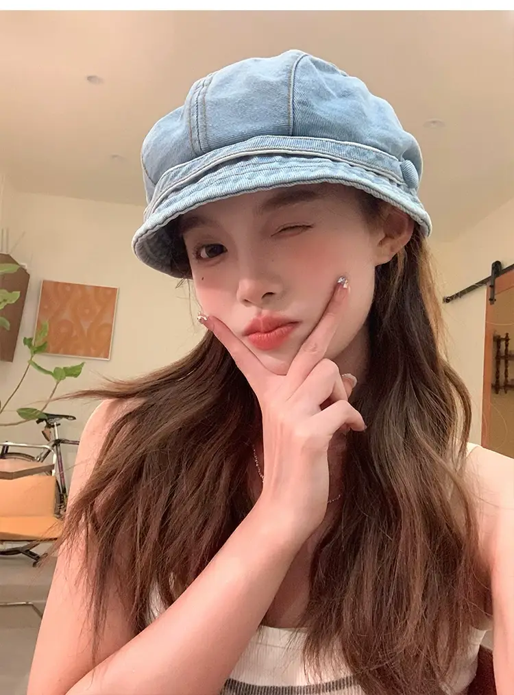 Retro Denim Duck Tongue Beret Women Show Face Small Heap — feature 1