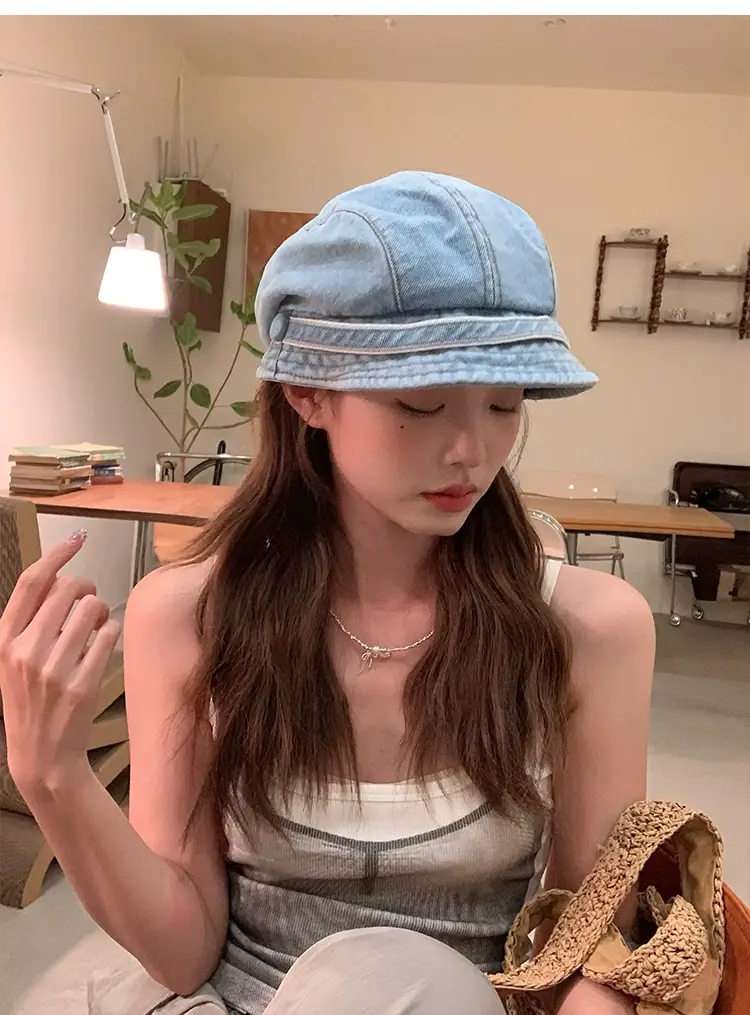 Retro Denim Duck Tongue Beret Women Show Face Small Heap — feature 10