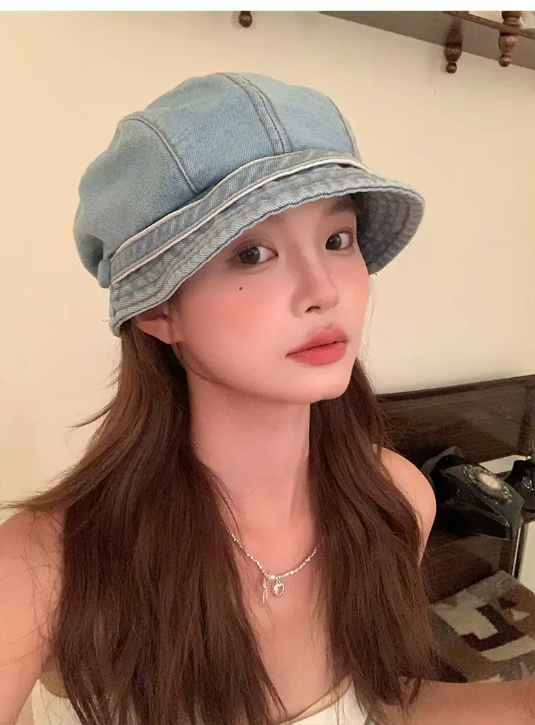 Retro Denim Duck Tongue Beret Women Show Face Small Heap — feature 11