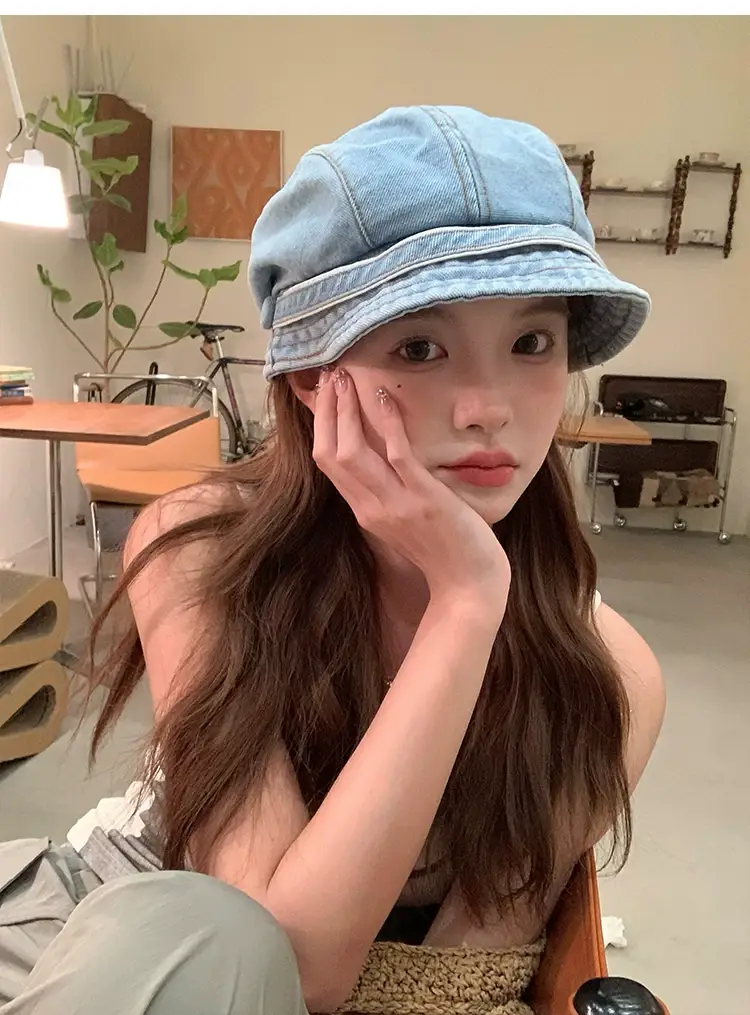 Retro Denim Duck Tongue Beret Women Show Face Small Heap — feature 13