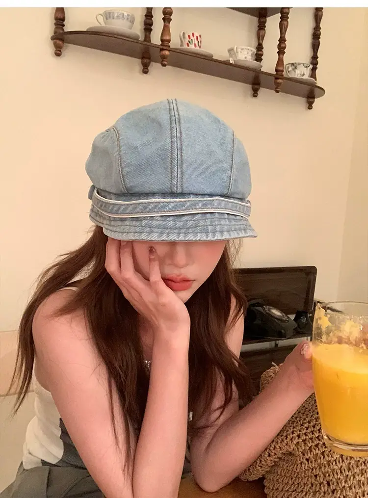 Retro Denim Duck Tongue Beret Women Show Face Small Heap — feature 14