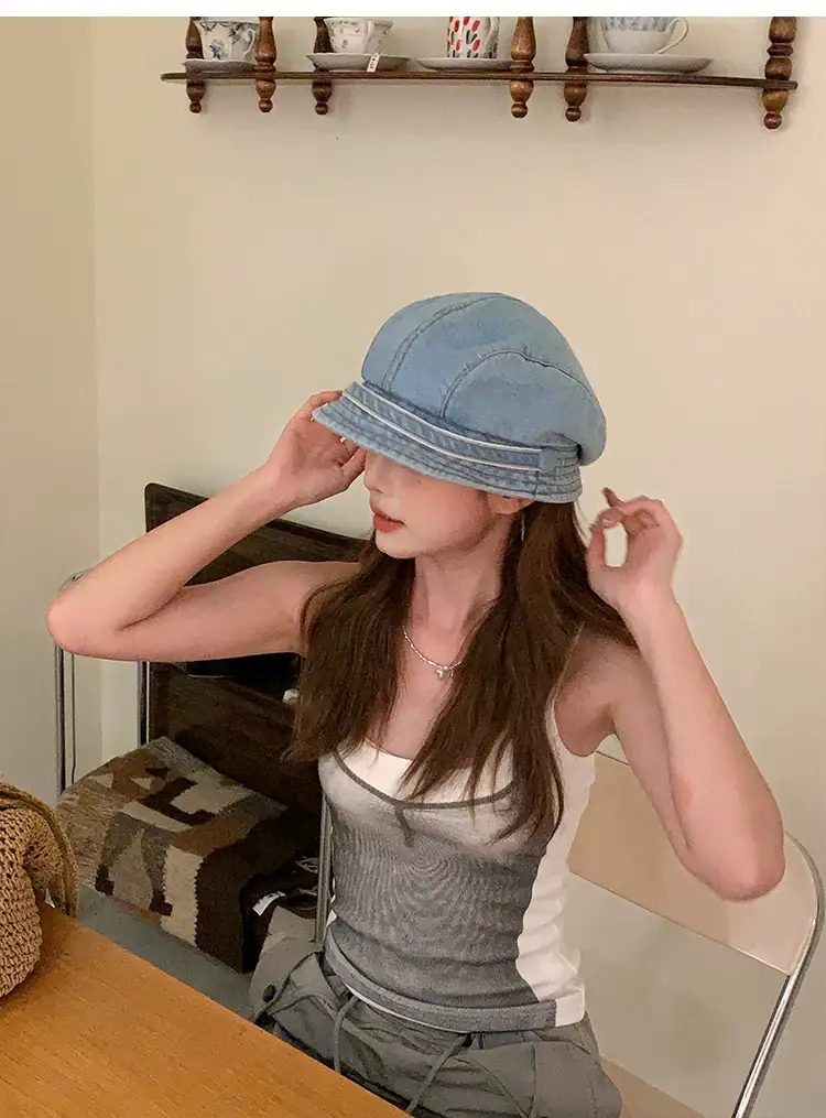 Retro Denim Duck Tongue Beret Women Show Face Small Heap — feature 2