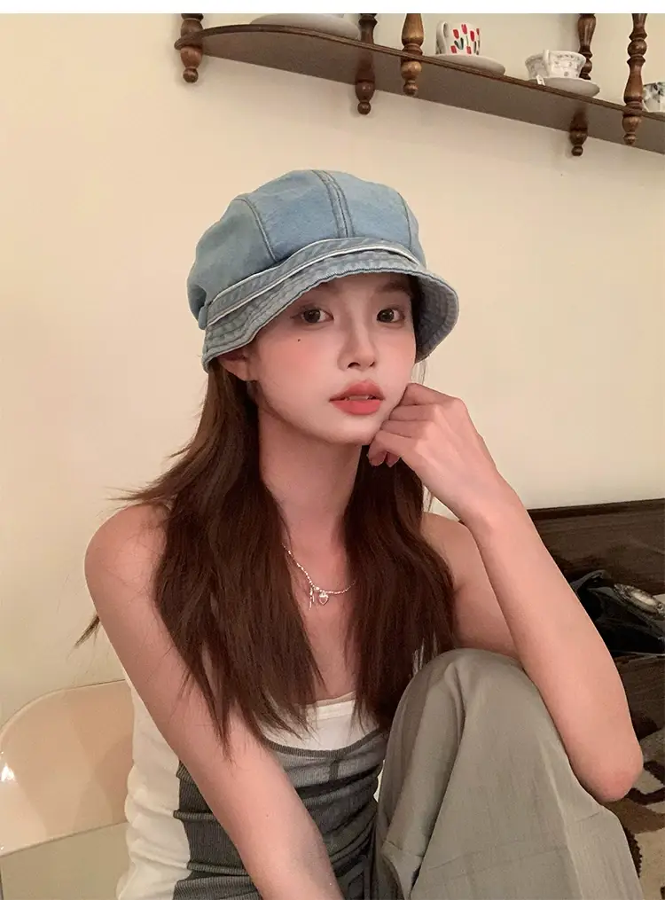 Retro Denim Duck Tongue Beret Women Show Face Small Heap — feature 5