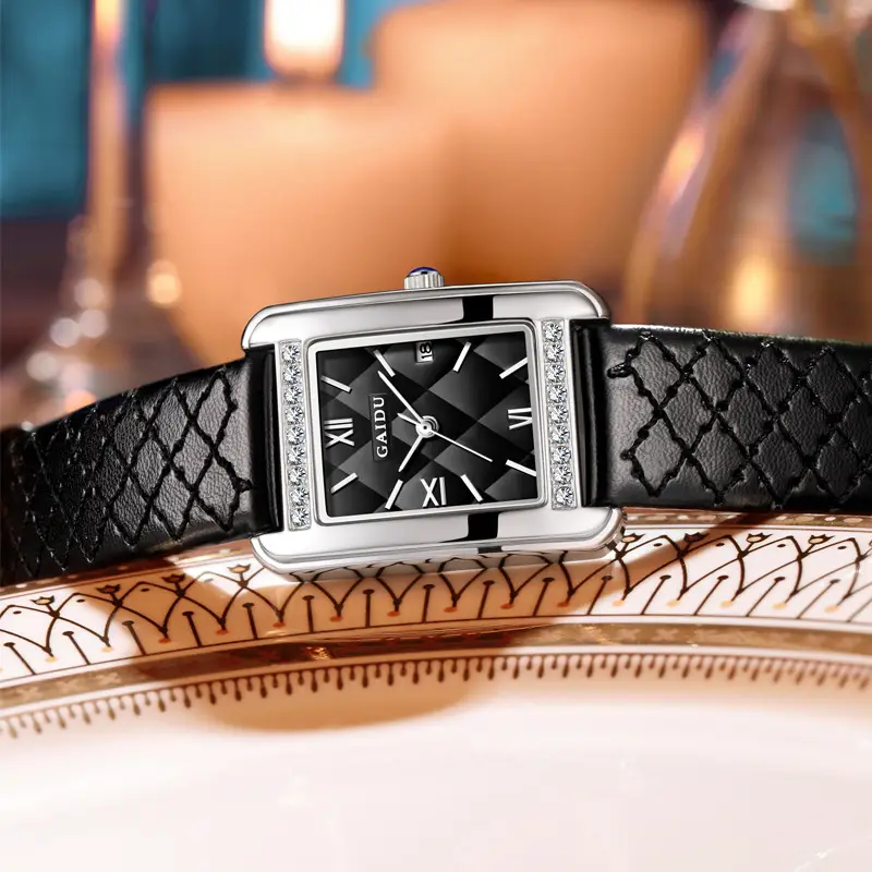 Kaidu Vintage Square Diamond Watch Women Black Leather