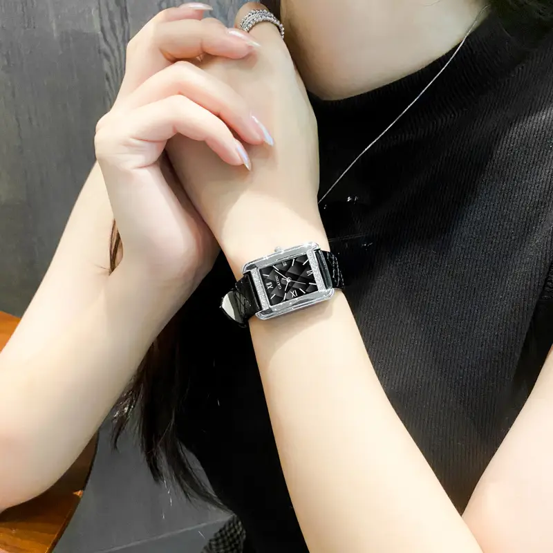 Kaidu Vintage Square Diamond Watch Women Black Leather