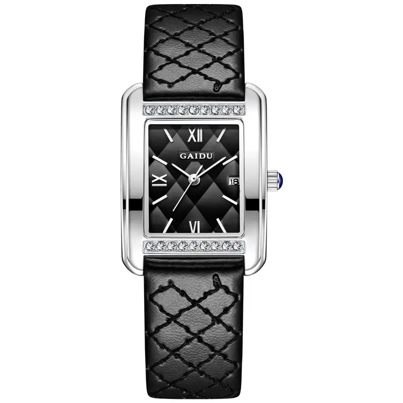 Kaidu Vintage Square Diamond Watch Women Black Leather