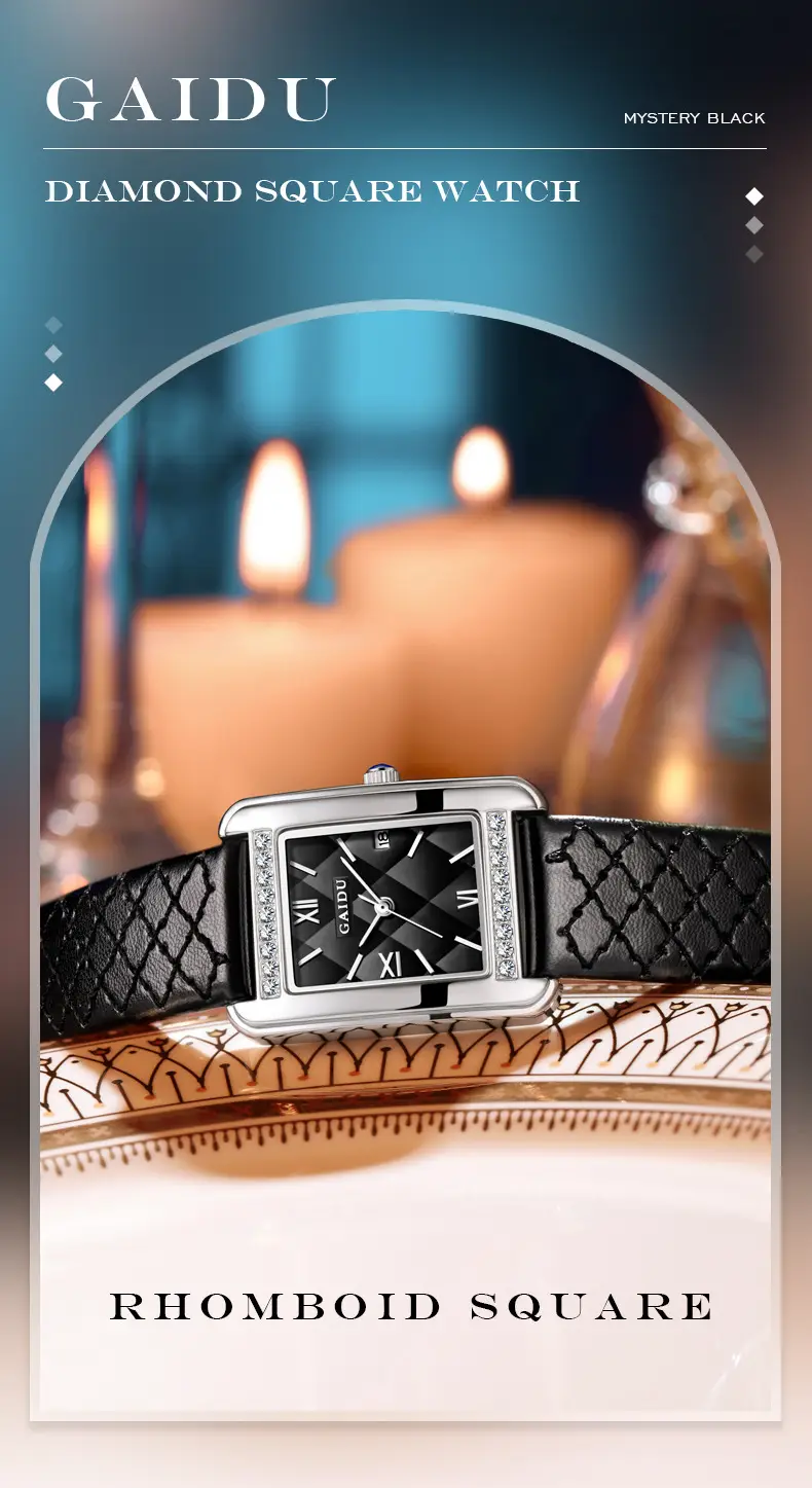 Kaidu Vintage Square Diamond Watch Women Black Leather — feature 10