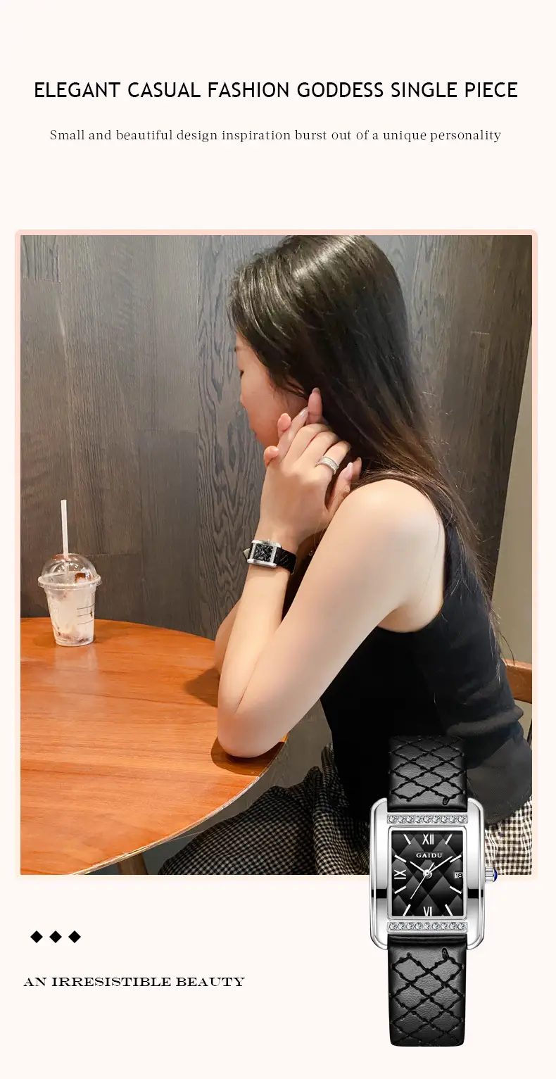 Kaidu Vintage Square Diamond Watch Women Black Leather — feature 14