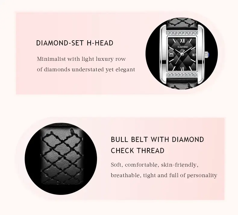 Kaidu Vintage Square Diamond Watch Women Black Leather — feature 19