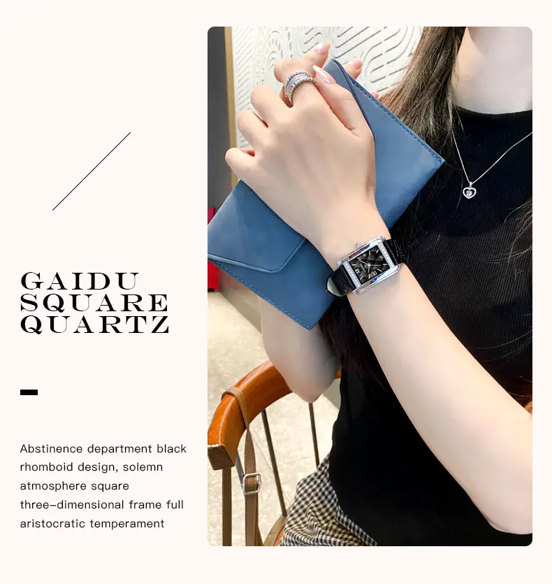 Kaidu Vintage Square Diamond Watch Women Black Leather — feature 3