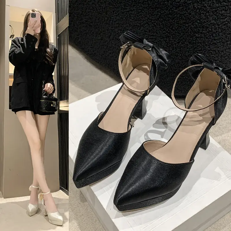 High Heels Women's 2025 Summer New Style French Style Beautiful Bow Pointed Toe One-Word Strap Waterproof Platform Cut Out Sandals - Image 4
