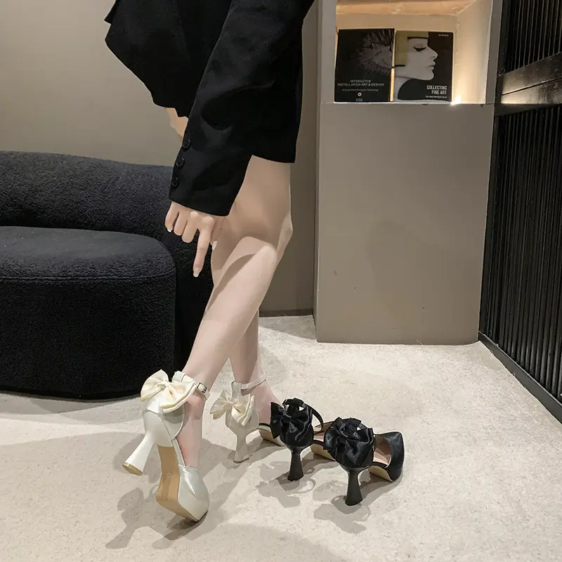High Heels Women's 2025 Summer New Style French Style Beautiful Bow Pointed Toe One-Word Strap Waterproof Platform Cut Out Sandals - Image 6