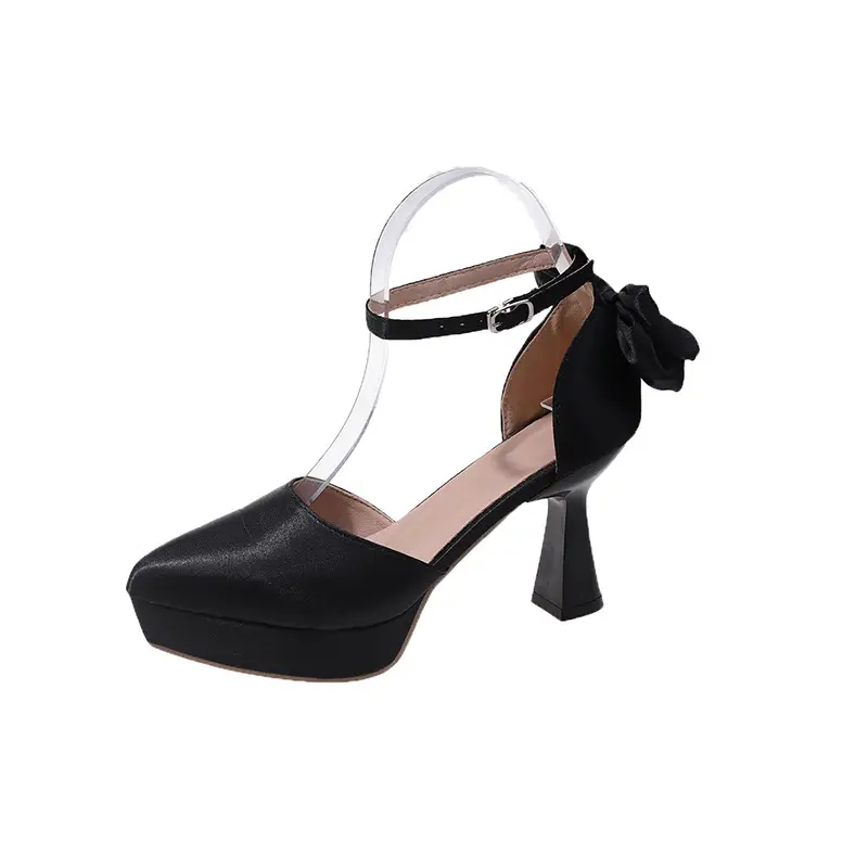 High Heels Women's 2025 Summer New Style French Style Beautiful Bow Pointed Toe One-Word Strap Waterproof Platform Cut Out Sandals - Image 7