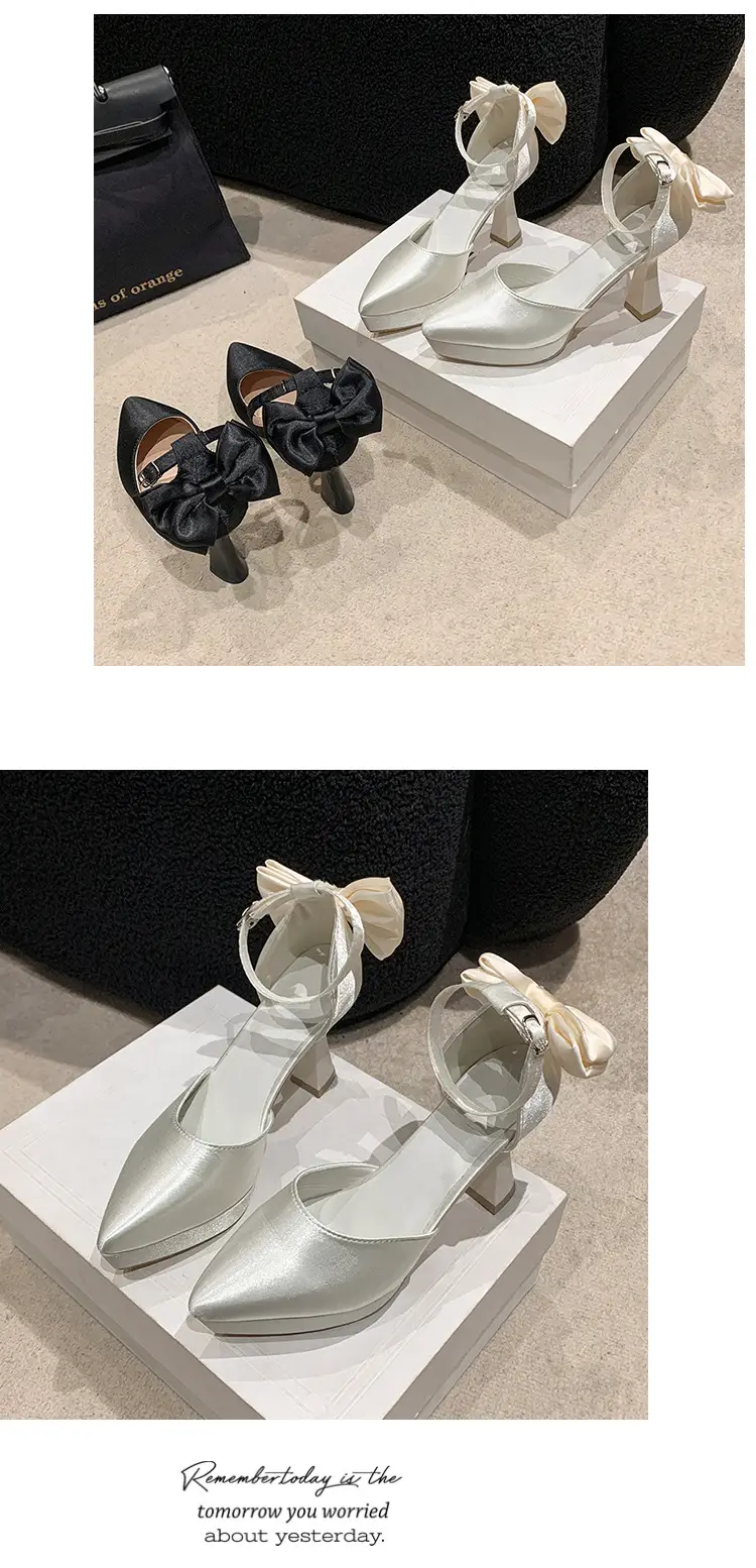 High Heels Women's 2025 Summer New Style French Style Beautiful Bow Pointed Toe One-Word Strap Waterproof Platform Cut Out Sandals — feature 10