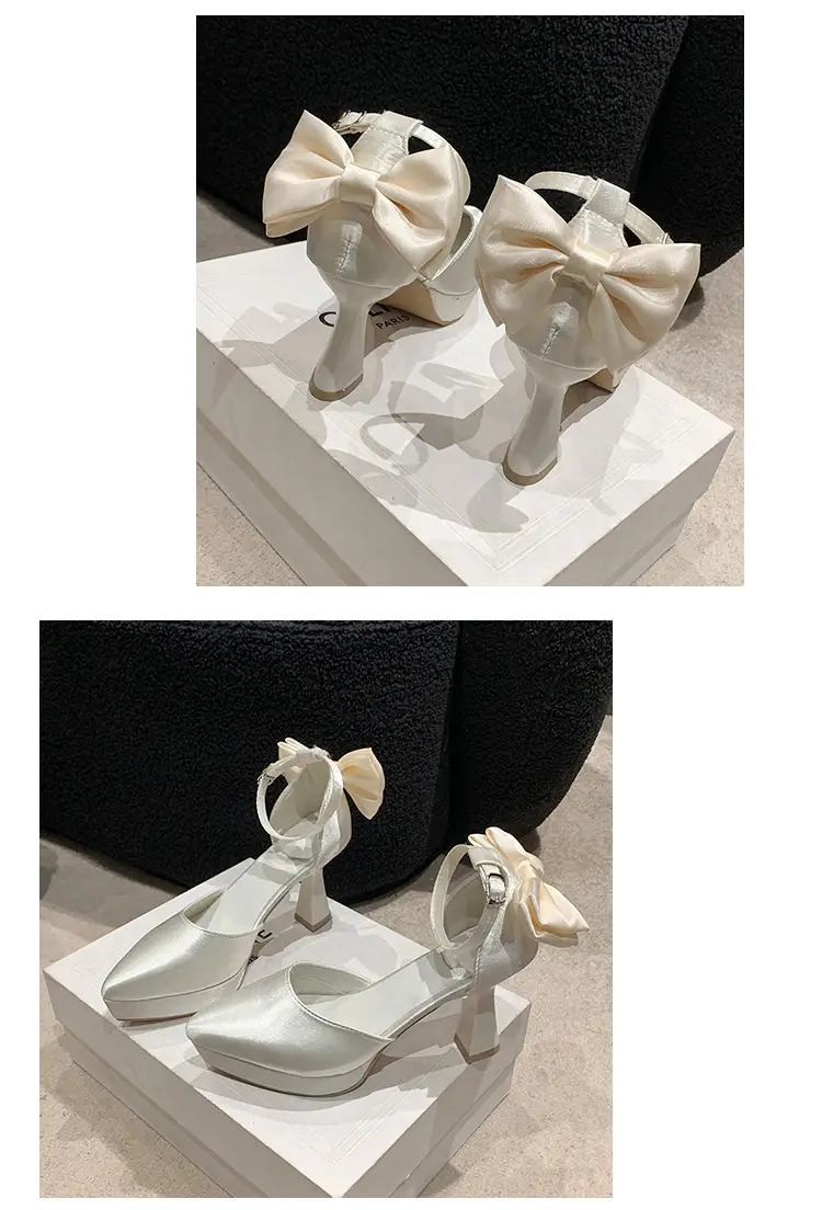 High Heels Women's 2025 Summer New Style French Style Beautiful Bow Pointed Toe One-Word Strap Waterproof Platform Cut Out Sandals — feature 11