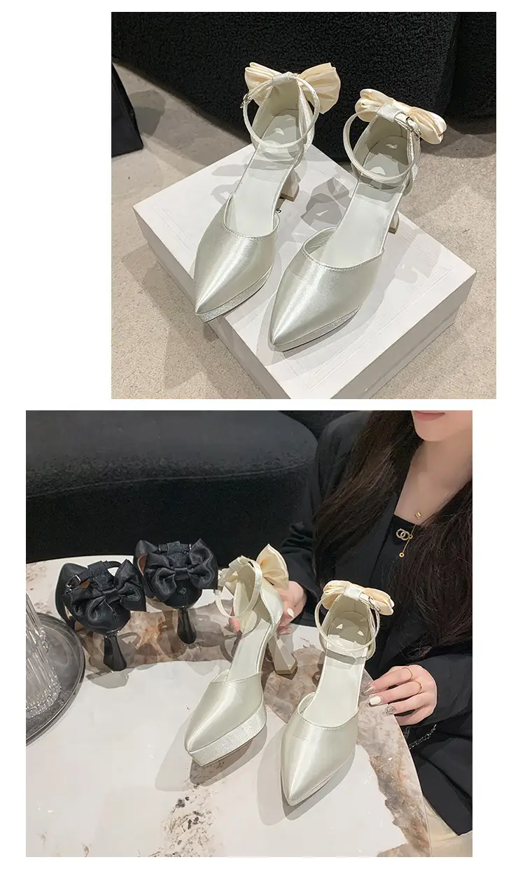 High Heels Women's 2025 Summer New Style French Style Beautiful Bow Pointed Toe One-Word Strap Waterproof Platform Cut Out Sandals — feature 12