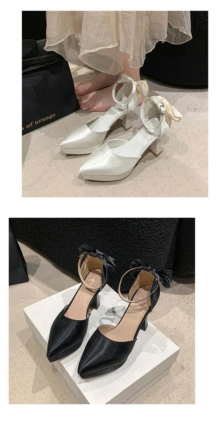 High Heels Women's 2025 Summer New Style French Style Beautiful Bow Pointed Toe One-Word Strap Waterproof Platform Cut Out Sandals — feature 13