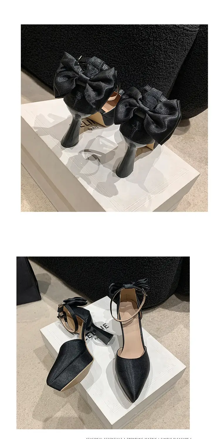 High Heels Women's 2025 Summer New Style French Style Beautiful Bow Pointed Toe One-Word Strap Waterproof Platform Cut Out Sandals — feature 14
